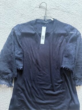 New Elie Tahari Navy Short-Sleeve Tee with Lace Sleeves
